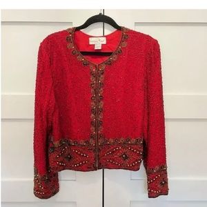 Vintage beaded cardigan jacket red black gold silk lining Lawrence Kazar